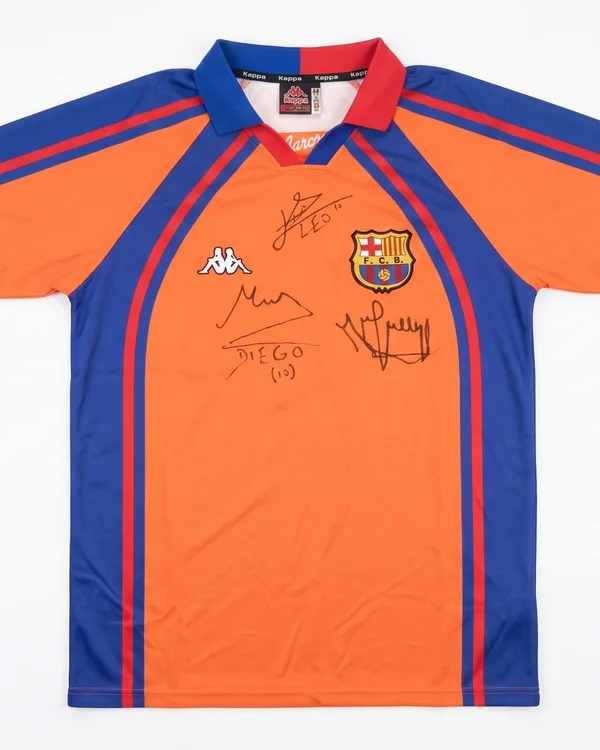 FC Barcelona Jersey Signed by Messi, Maradona & Johan Cruyff