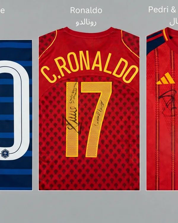 Legendary collection of 3 authentic national team jerseys signed by Ronaldo, Mbappe, Yamal, and Pedri