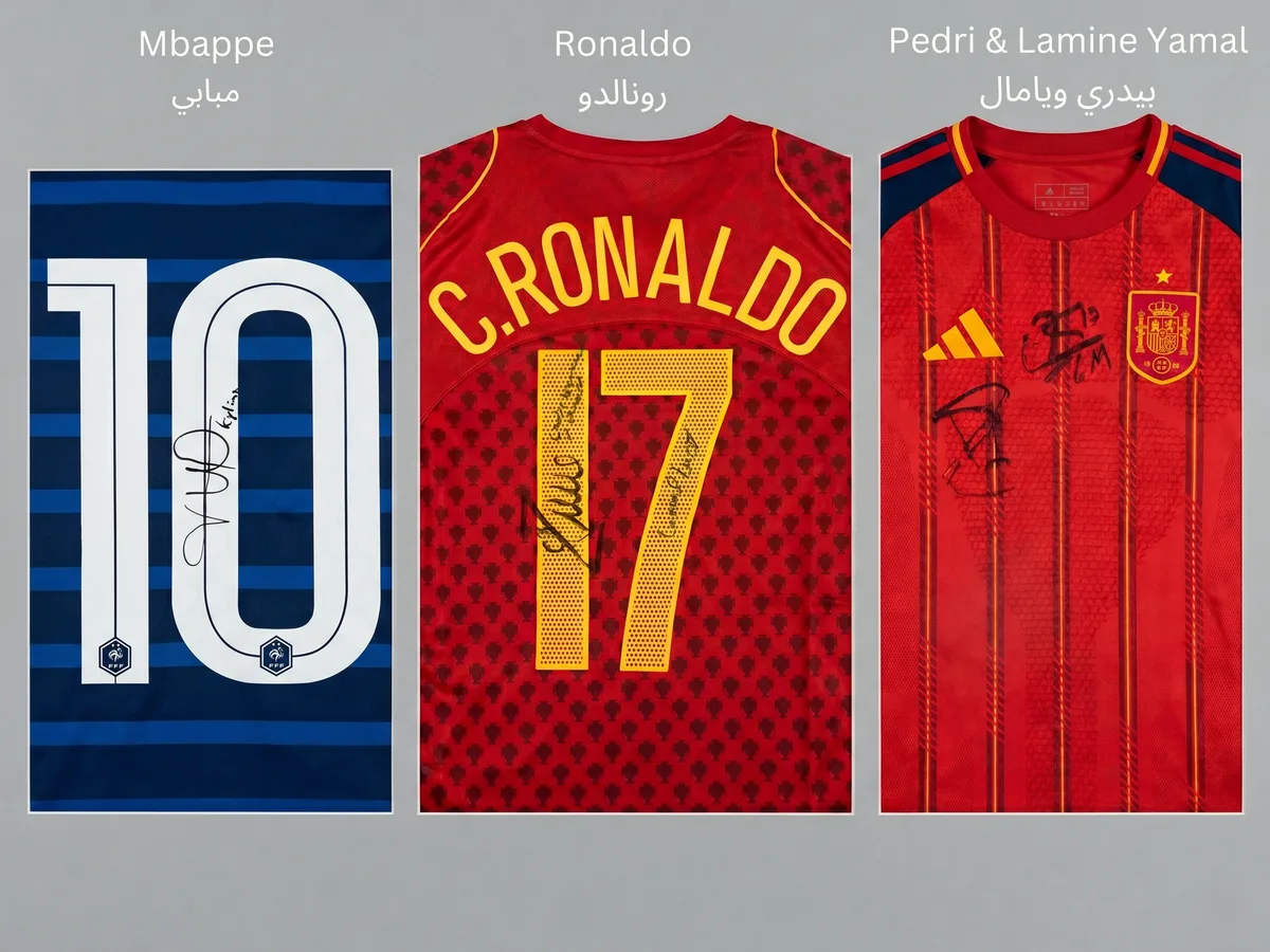 Legendary collection of 3 authentic national team jerseys signed by Ronaldo, Mbappe, Yamal, and Pedri
