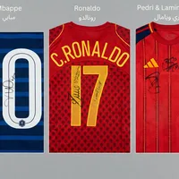 Legendary collection of 3 authentic national team jerseys signed by Ronaldo, Mbappe, Yamal, and Pedri